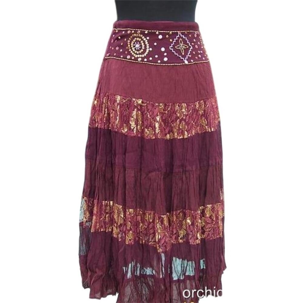 Cache Sequin Metallic Lace Evening Day Skirt Boho Chic New  $128 NWT Burgundy